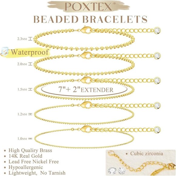 Gold-Style 10 Dainty Stack Beaded, Snake, Rope Bracelets Jewelry Gifts for Women - Picture 5 of 9